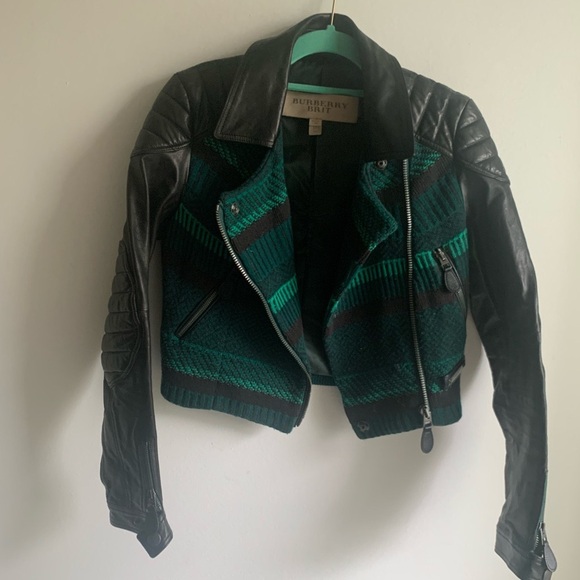 Burberry Jackets & Blazers - BURBERRY Boho Leather Motorcycle Jacket – Green Tribal Knit, Size XS *SO RARE*